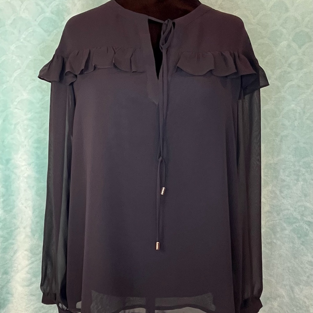 Calvin Klein Black Sheer Ruffle Blouse V Neck Tie Front Billowy Sleeve Large